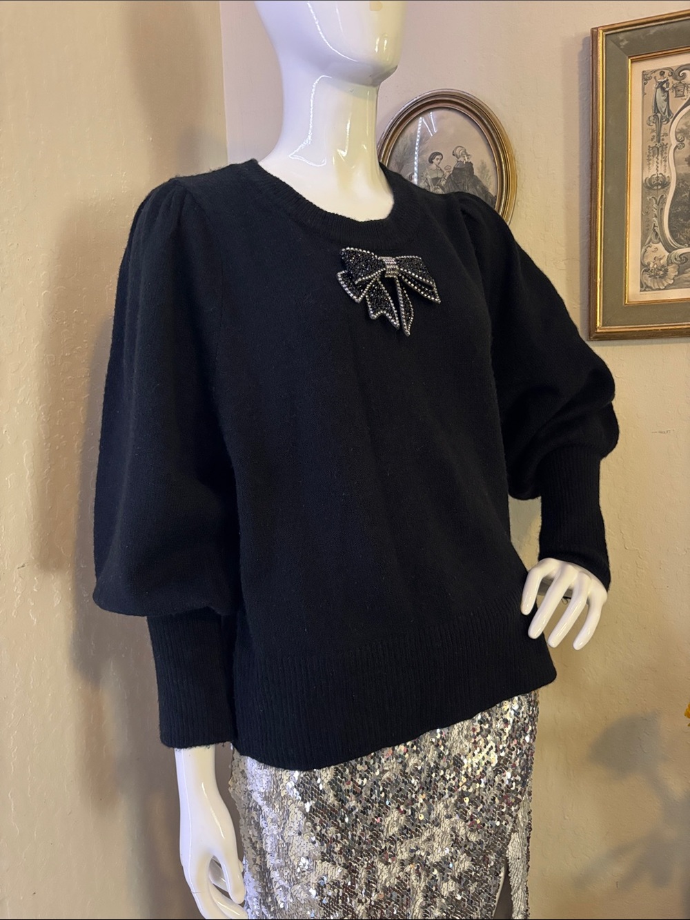 CeCe Black Sweater with Beaded Bow Accent